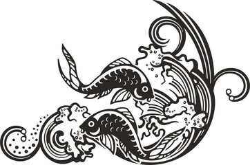 Vector Chinese koi fish ornamental design with wave background. Asian luxury illustration for greeting cards, Chinese New Year designs, posters, calendars, logos. Double fish symbol of happiness.