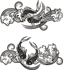 Vector Chinese koi fish ornamental designs with wave backgrounds. Asian luxury illustrations for greeting cards, Chinese New Year designs, posters, calendars, logos. Double fish symbol of happiness.