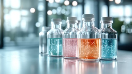 The image depicts various clear bottles filled with colorful fluids and visible bubble formations, suggesting a blend of science and artistry in a lab-like environment.