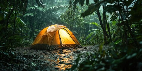 Rain-drenched tent in a peaceful tropical rainforest, illuminated from within