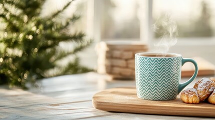 A cozy scene featuring a steaming cup of coffee accompanied by delightful pastries, set against a bright and inviting background that suggests warmth and comfort.