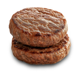 BBQ grilled beef burger patties isolated on white background. Closeup of freshly cooked juicy beef patties isolated.