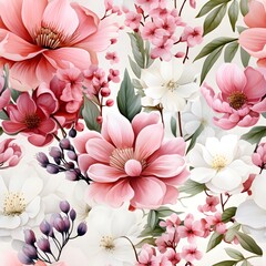 Seamless Floral Pattern with Blooming Pink and White Flowers — Romantic Watercolor Spring Design