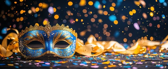 Ornate masquerade A glittering blue  gold mask amid party confetti  festive gold ribbons against a dark bokeh backdrop