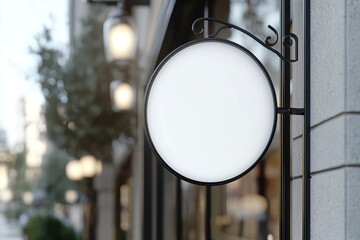 3D rendering of a blank white circular wall sign mockup hanging on a black metal stand outside a store. Realistic mock-up for display, minimalism, neutral color palette, minimalist design, close-up 