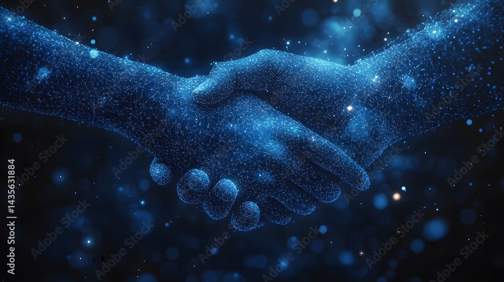 Fototapete futuristic handshake depicted with glowing blue lines and bokeh background evokes trust and technolo