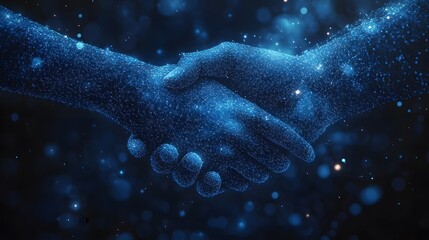 Fototapeta premium Futuristic handshake depicted with glowing blue lines and bokeh background evokes trust and technology. Perfect for illustrating collaboration in the digital age. Abstract wireframe in dark blue.