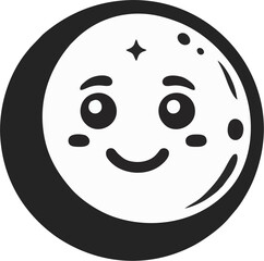 Minimalist Smiling Full Moon Icon – Cute Black and White Cartoon Lunar Face Vector