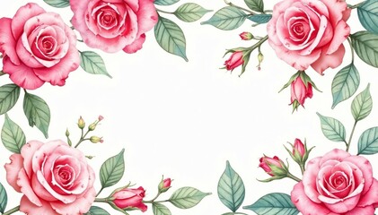 Delicate watercolor roses & leaves, repeating pattern, petal, green