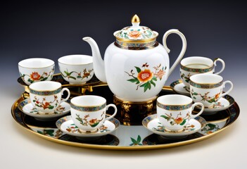 The tray has a tea set with cups and saucers on it
