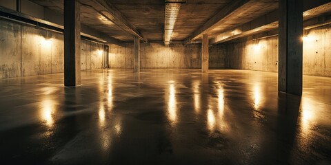 Raw concrete basement with subtle light reflections on the floor