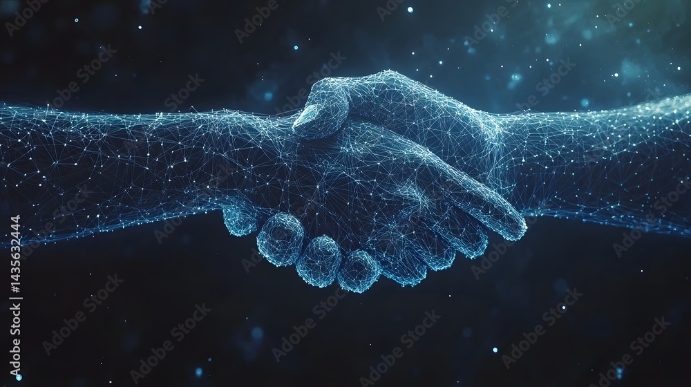 Poster A digital handshake representing agreement and collaboration. Networked hands glow with blue light, symbolizing connection in a modern, abstract way. Abstract wireframe in dark blue.