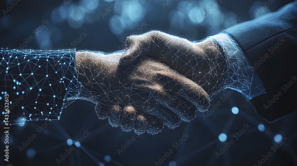 Poster A futuristic handshake, rendered with digital networks, symbolizes connection and collaboration. The blue bokeh background adds depth and a high-tech feel. Abstract wireframe in dark blue.