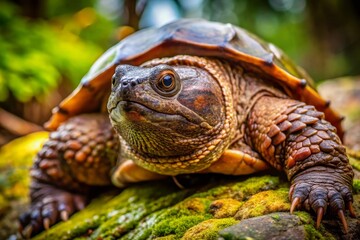 Obraz premium Wood Turtle Portrait on Mossy Rock