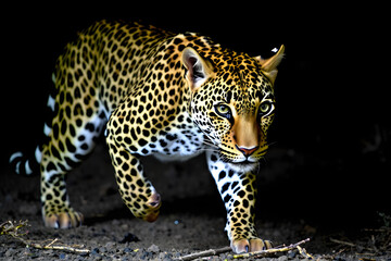 Obraz premium A fierce and focused leopard moves silently through the shadows, its piercing eyes locked onto its target.