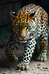 Obraz premium A fierce and focused leopard moves silently through the shadows, its piercing eyes locked onto its target.