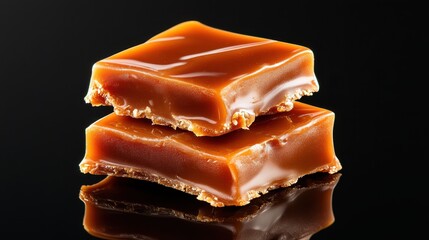 Two delectable caramel squares stacked on top of each other, glistening with a smooth, rich glaze that highlights their inviting appearance. Perfect for food photography.