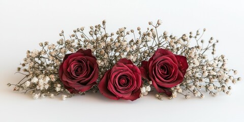 Red rose bouquet with delicate baby&acirc;&euro;&trade;s breath flowers on white
