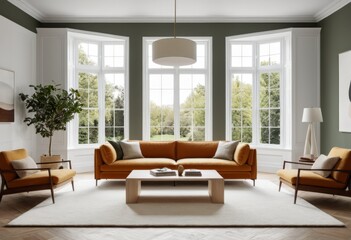 Fototapeta premium There is a living room with sofa chairs and coffee table