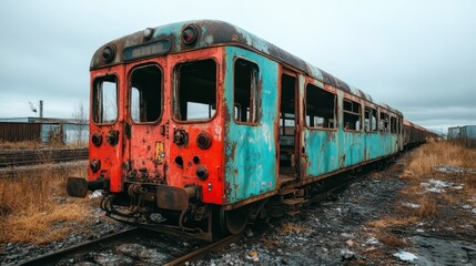 Obraz premium This captivating side view of an abandoned train wagon features textured blue and orange tones, reflecting the beautiful decay and forgotten stories of travel and experiences long past.