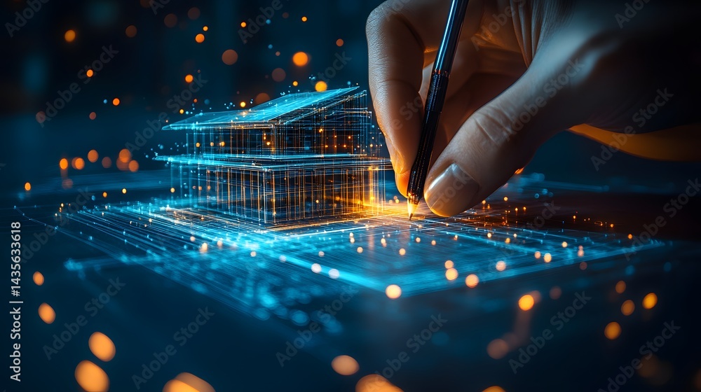 Aufkleber A futuristic scene of digital architectural design. A glowing wireframe house is being manipulated with a pen above a luminescent grid, creating a tech-savvy vibe. Abstract wireframe in dark blue