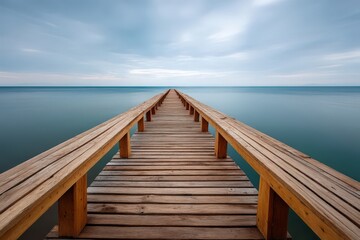 Naklejka premium Wooden pier extending into calm reflective water under warm twilight lighting captured with atmospheric balance and open-ended perspective in scenic stock photo