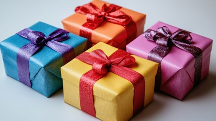 Obraz premium Colorful gift boxes with ribbons arranged on a light background, ideal for celebrations and holidays