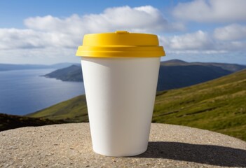Obraz premium There is a white cup with a yellow lid sitting on a rock