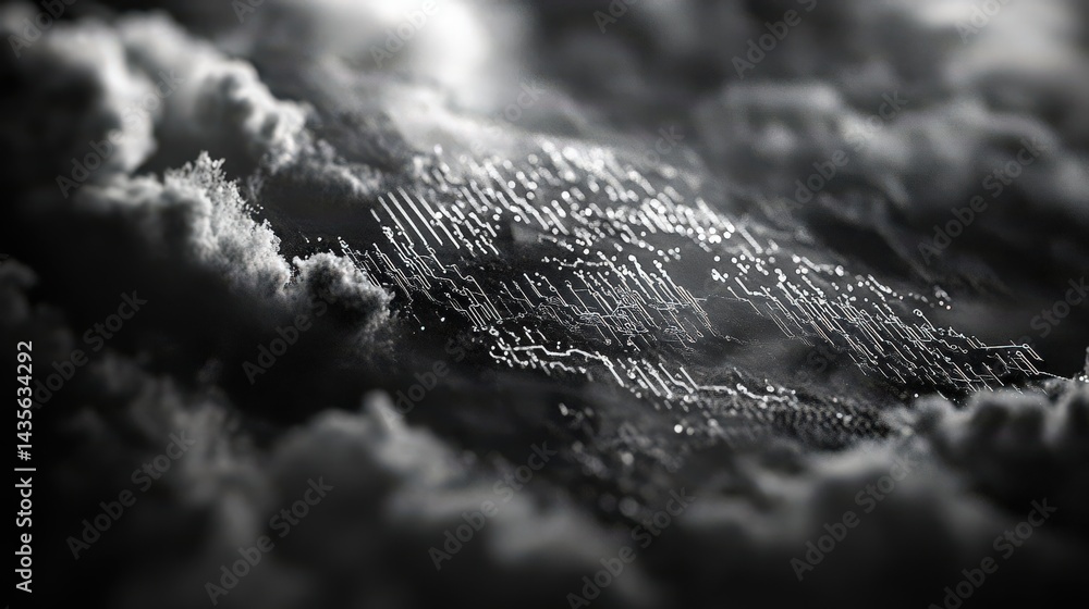 Poster abstract depiction of digital patterns emerging through dark, swirling clouds in a surreal atmospher