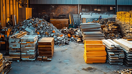 urban mining zero waste, sorted piles of construction materials windows wood bricks steel concrete, sustainable material recycling, reuse architecture, city sustainability, life cycle