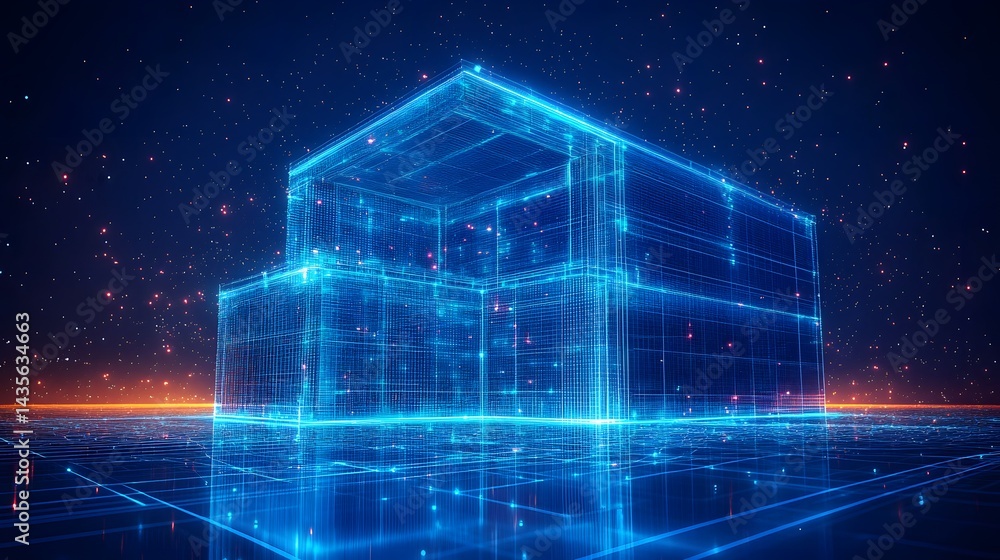 Poster Futuristic, glowing wireframe building floats above a reflective grid. The reddish-orange stars create a captivating contrast. Two-story digital architectural design. Abstract wireframe in dark blue.