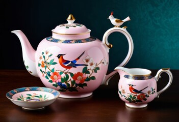There is a pink teapot with a bird and a bowl with a spoon