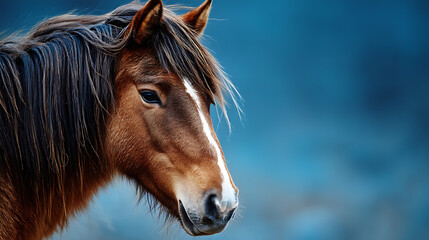 Obraz premium Majestic brown horse with flowing mane against a soft blue background in nature