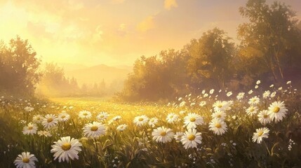 golden hour daisy field landscape