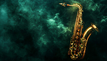 Naklejka premium Golden saxophone on dark background with green light and smoke, close-up. Space for text