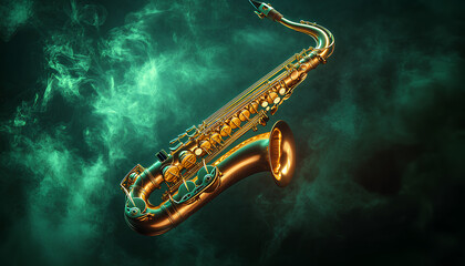 Naklejka premium Golden saxophone on dark background with green light and smoke, close-up. Space for text