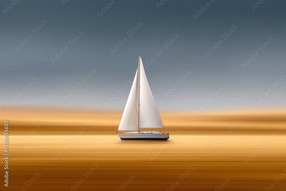 Poster small white sailboat on golden sea surface captured in abstract light environment showcasing minimal