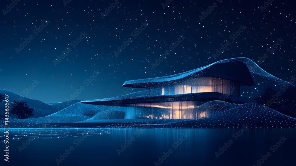 Poster a striking modern building with a curved glass roof reflecting in water under a starry sky. the land