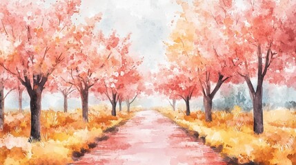 Naklejka premium Pastel watercolor painting of a blossoming spring or autumn pathway.