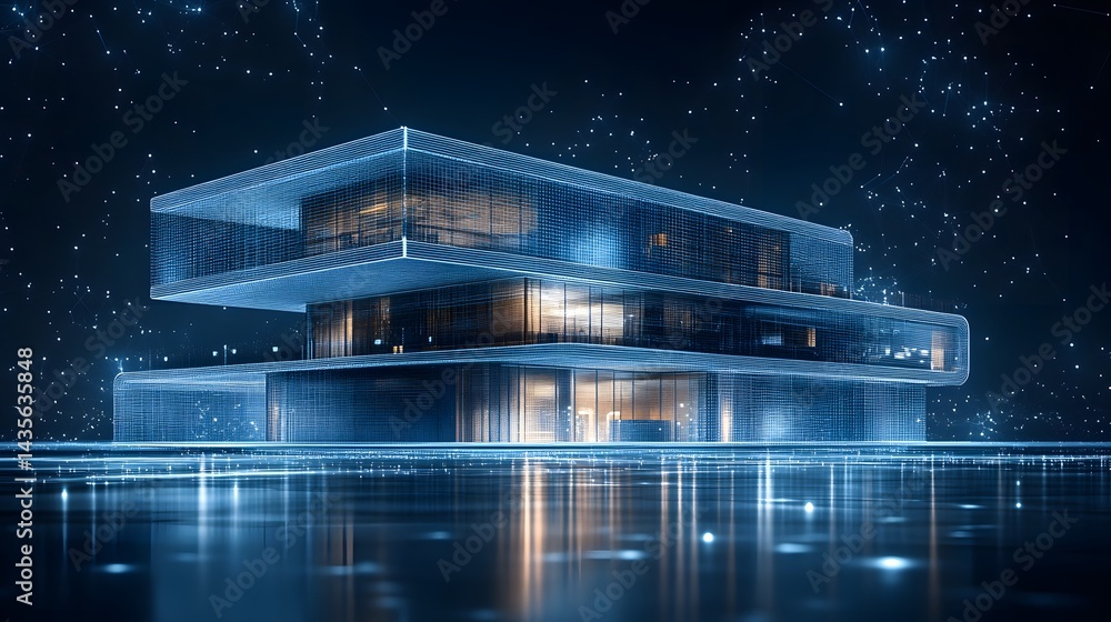Poster Futuristic building with a blue grid under a starry sky, creating a cool and ethereal mood. Reflective ground enhances the otherwordly atmosphere. Abstract wireframe in dark blue