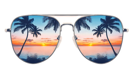 Set of Stylish Aviator Sunglasses Reflecting Tropical Scenery