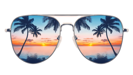 Set of Stylish Aviator Sunglasses Reflecting Tropical Scenery