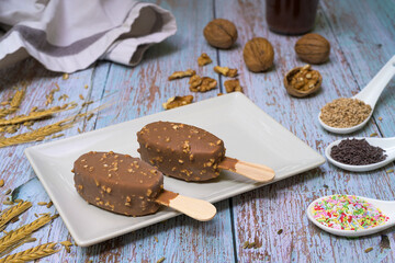 Chocolate and vanilla ice cream surrounded by chocolate toppings and nuts
