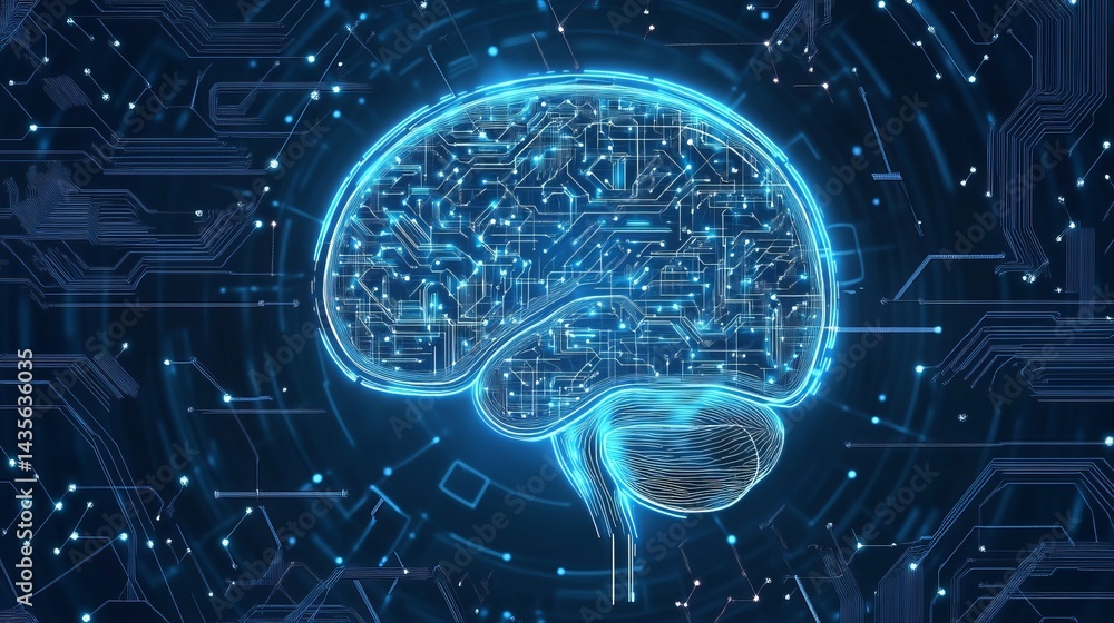 Poster abstract digital brain circuitry technology background image blue data dots dark lines light future