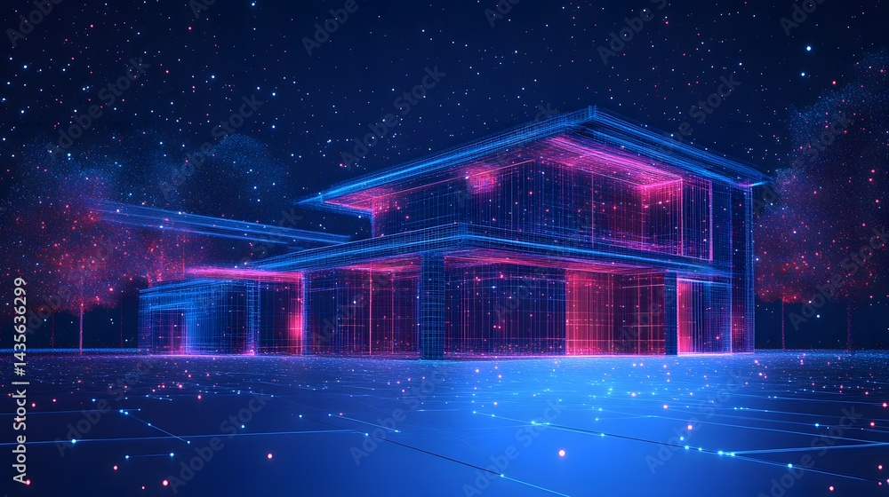 Fototapete futuristic wireframe building glows with neon blue and pink against a starry night. the grid-pattern