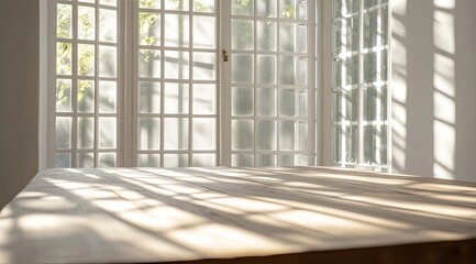 Obraz premium Sunlight streams through white windows onto a light wooden table