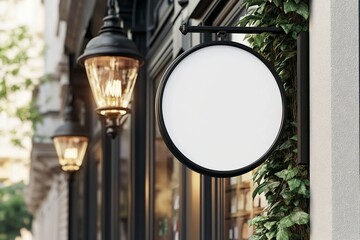 3D rendering of a blank white round hanging sign mockup on a wall outside, close-up. Outdoor shop street light, city store advertising mock-up. Black frame. 