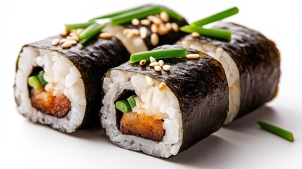 A tantalizing close-up of sushi rolls showcasing vibrant ingredients, including fish and vegetables, beautifully wrapped in seaweed and sprinkled with sesame seeds.