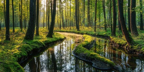 Fototapeta premium River carving its way through untouched forest in Poland
