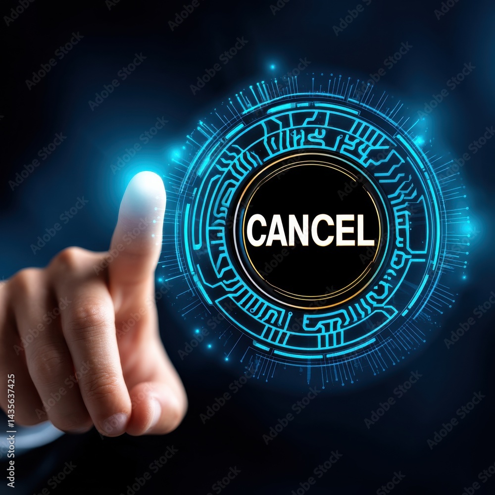 Poster close up of a human hand reaching out to interact with a futuristic digital holographic interface fe